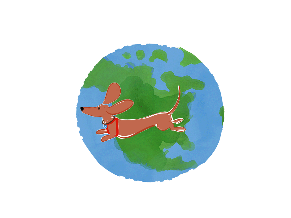 animation of gilmore the dachshund going around the spinning earth