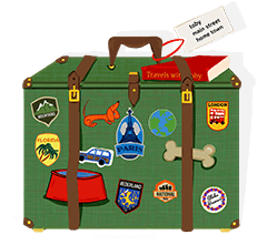 smart green suitcase covered in travel stickers drawing