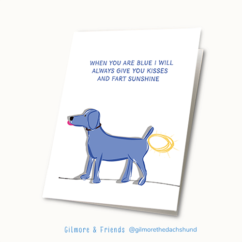 Gilmore and Friends happy card with a blue dog