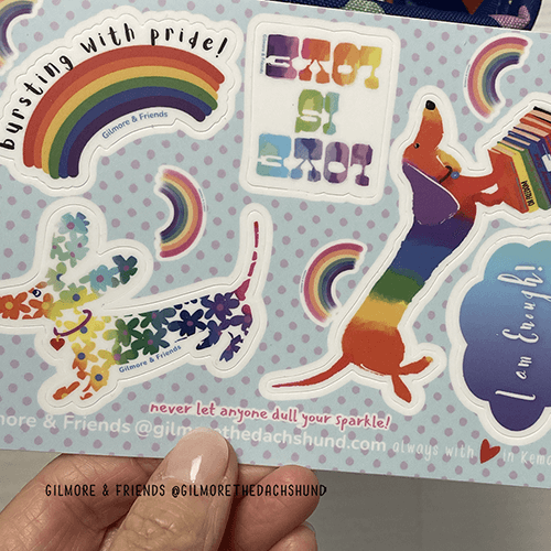Gilmore and Friends @gilmorethedachshund pride sticker sheet, colorful rainbow stickers with assorted images