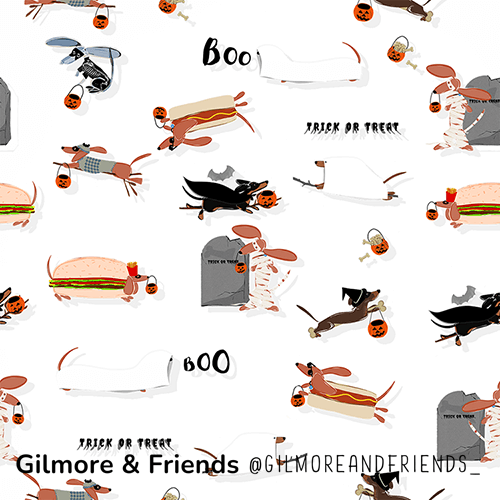 Gilmore & Friends Halloween pattern with spooky dachshundwitches flying on brooms, flying hotdogs, mummy dachshund in cemetarry , candy corn and jack o lanterns