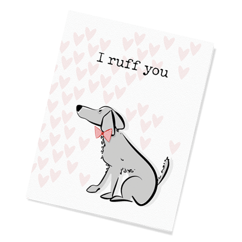 Gilmore and Friends drawing of a scruffy gray dog surrounded by pink hearts text says 