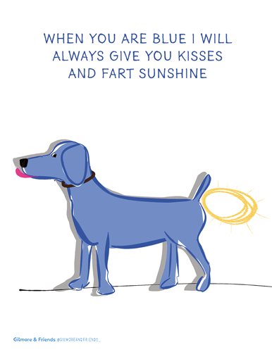 cute gilmore & Friends greeting card drawing of a blue dog that is farting sunshine