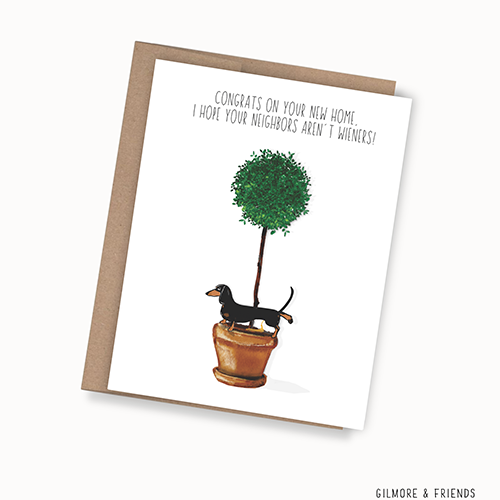 Gilmore & Friends drawing for greeting card of a round ball topiary with a tiny black and tan dachshsund peeing in the clay pot!