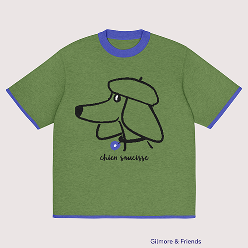 Gilmore & Friends short sleeve t- shirt knitted sweater in green with blue trim and a black line drawing of a dachshund head with a beret on top