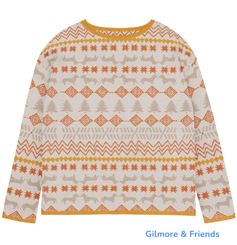Gilmore & Friends holiday patterned sweater with a mustard background and rust and cocoa and blu and gold accents