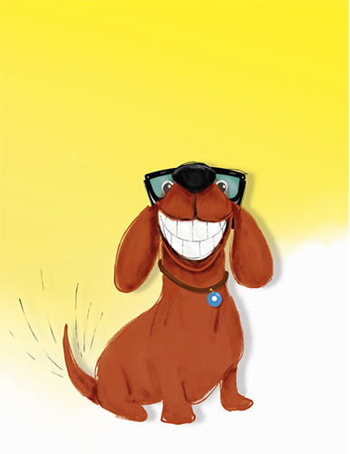 Gilmore & Friends drawing of a red smooth dachshund with a great big teethy smile standing against a bright yellow background