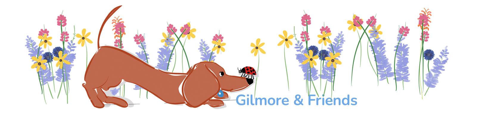 Gilmore & Friends drawing of a red dachshund sniffing and smelling the flowers with a ladybug on his nose