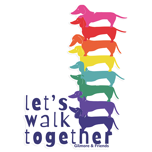 different colored dachshunds marching with a sign that reads let's walk together , black lives matter and lbgtq pride