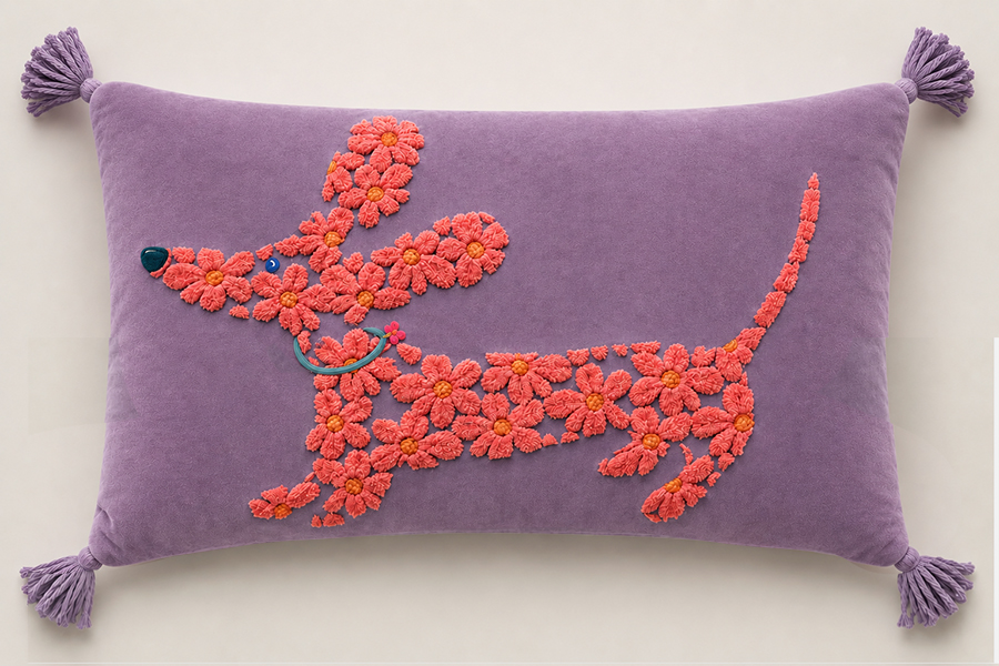Gilmore & Friends Mock up of a lavender velvet pillow with a chenille coral daisy dachshund and mathching lavender tassels
