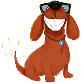 gilmore & Friends Drawing of a red dachshund in big black nerd glasses smiling from ear to ear