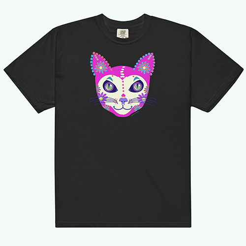 Gilmore & Friends hot pink cat with multi colored accents and daisies drawing for Day of the Dead on a charcoal black t shirt