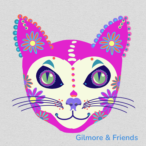 Gilmore & Friends hot pink cat with multi colored accents and daisies drawing for Day of the Dead