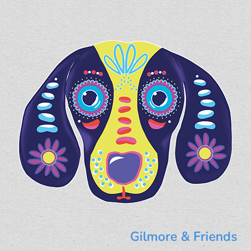 Gilmore & Friends multi colored on a blue background drawing for Day of the Dead